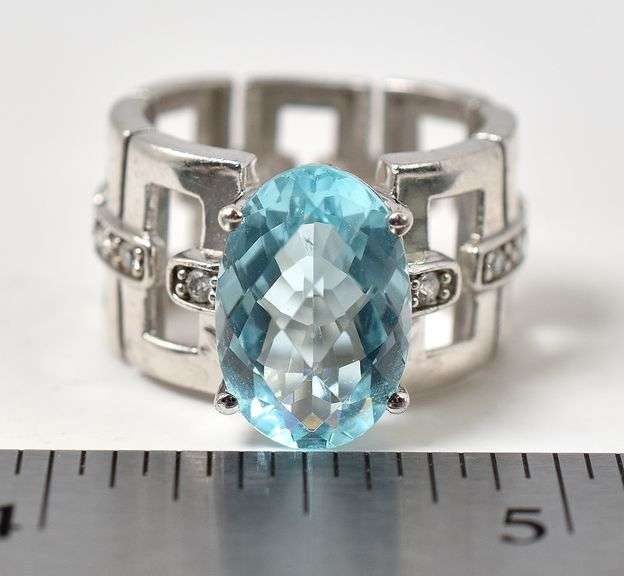 Blue Topaz and Cz gemstone Ring in Sterling Silver
