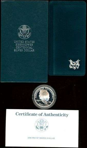1990 Eisenhower Proof Silver Dollar in Box w/CoA