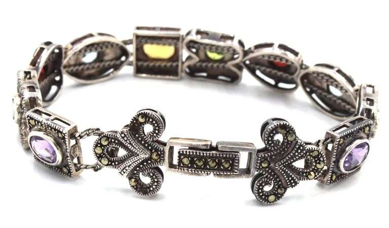 Vintage 925 sterling silver signed multi color stone link bracelet
