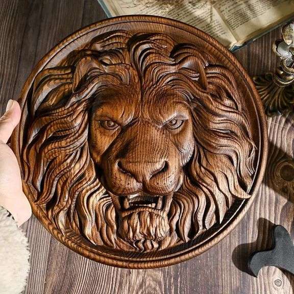 Hand-Carved Lion Head Wall Art