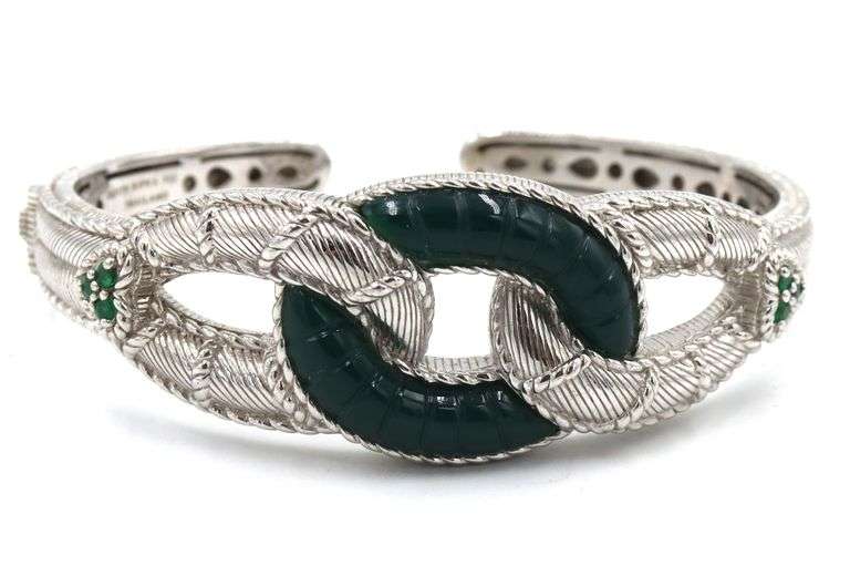 Judith Ripka sterling silver Green chalcedony emerald hinged cuff bracelet