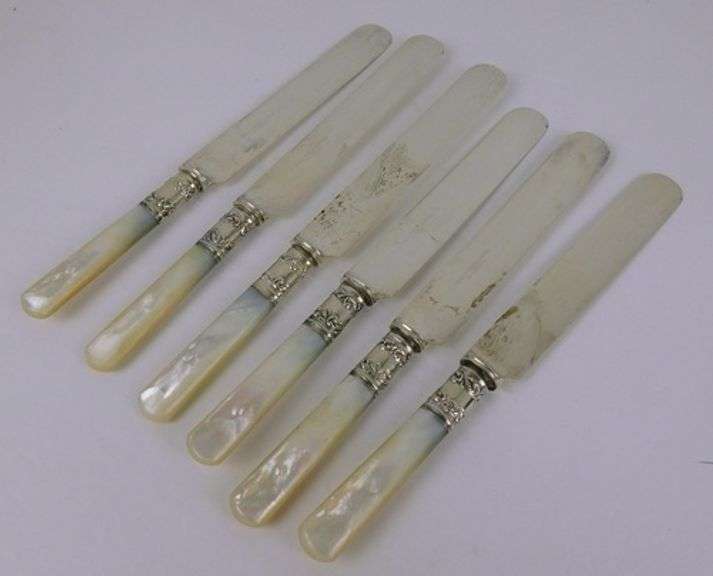 6 Antique Mother of Pearl & Sterling Cuff Dinner Knives