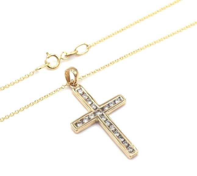 14kt Yellow gold 0.30ctw channel set diamond cross pendant on chain