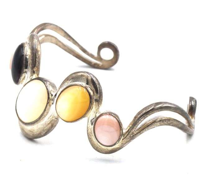 Vintage 925 sterling silver signed black onyx and opal cuff bangle