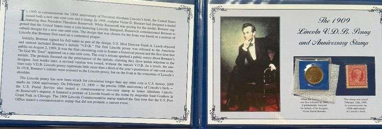 1909 Lincoln VDB Penny and Anniversary Stamp