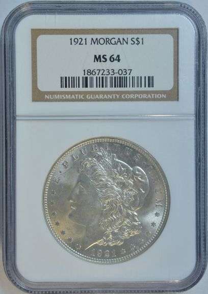 Near Gem BU 1921 Morgan Silver Dollar. NGC MS64