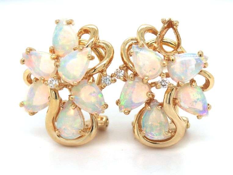 18kt Yellow gold opal cluster and diamond accent pendant on chain and matching earrings