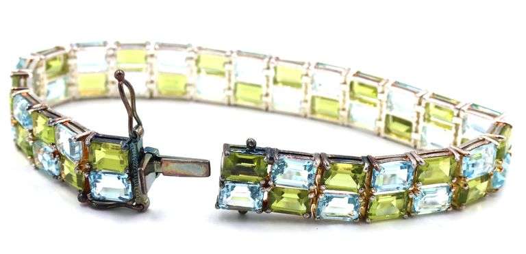 925 Sterling silver signed 2 row emerald cut cubic zirconia bracelet