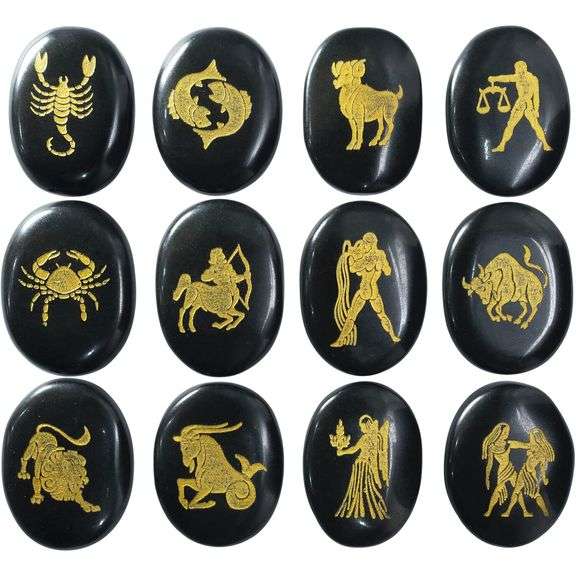 12 Hand-Carved Black Agate Zodiac Stones
