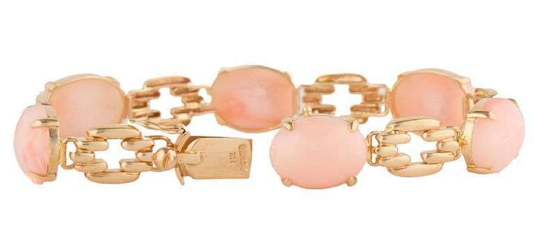 14kt Yellow gold Oval Coral Cabochon Station Link Bracelet