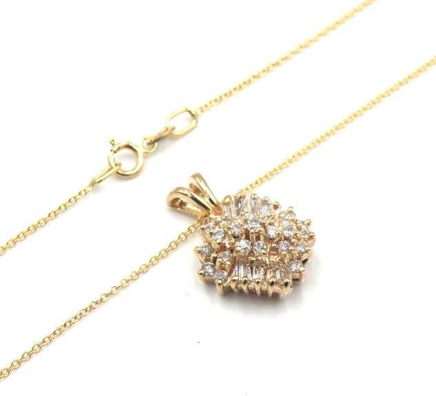 14kt Yellow gold 0.75ctw RBC and baguette cluster diamond pendant on chain