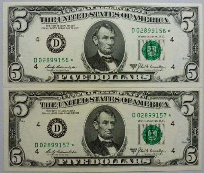 (2) Superb Crisp 1969A $5 Star Replacement Notes Cleveland-Consecutive!