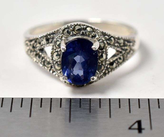 Blue Sapphire and Marcasite Gemstone Ring in Sterling Silver