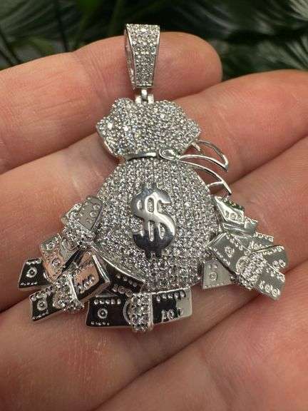 Rhodium Plated 925 Sterling Silver CZ Cash Bag Pendant