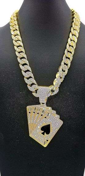 Huge 170.5 Gram 18 Kt Gold Plate Royal Flush Pendant Necklace