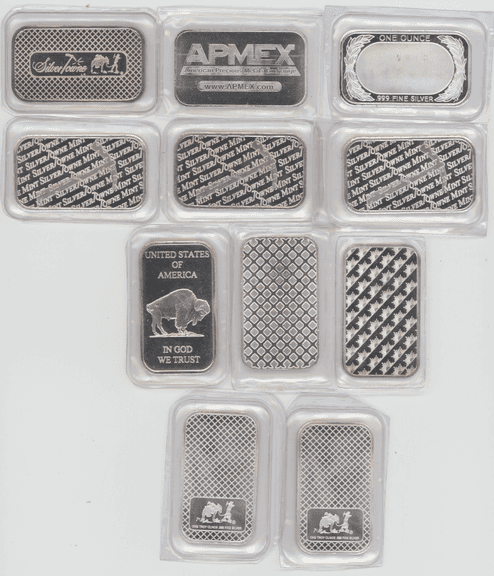 Ten attractive assorted 1 Troy Oz pure .999 fine silver bars in plastic