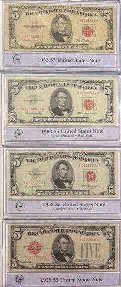 4 Different $ 5 Red Seal US Notes
