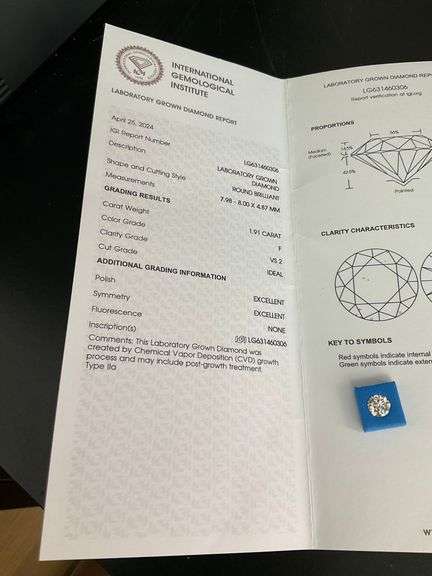 LAB GROWN ROUND BRILLIANT CUT LOOSE DIAMOND. 1.91 CARAT