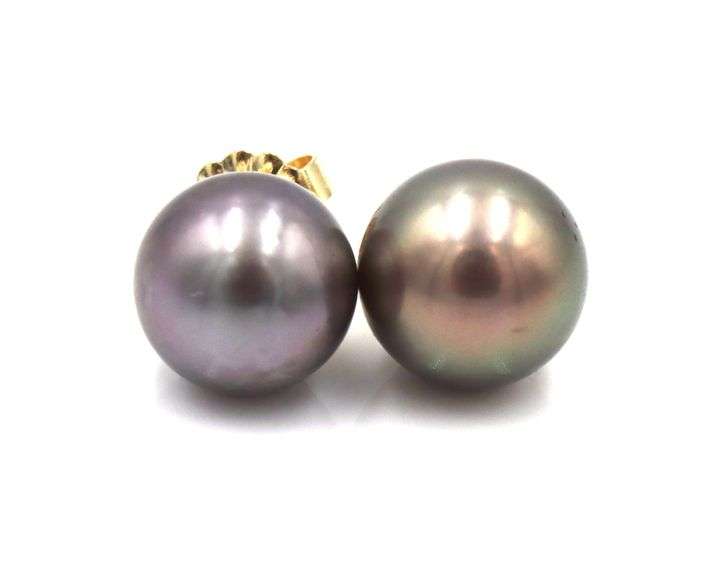 14kt Yellow gold 8.5-9mm grey pearl stud earrings