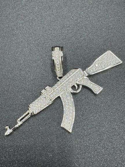 Rhodium Plated 925 Sterling Silver AK-47 Riffle CZ Pendant
