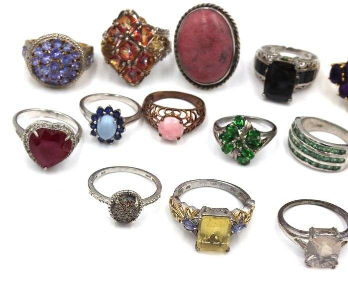 Group of 15 vintage 925 sterling silver gemstone rings