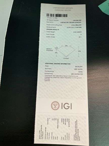 I.G.I CERTIFIED 3.03 CARAT OVAL SHAPED LAB GROWN DIAMOND