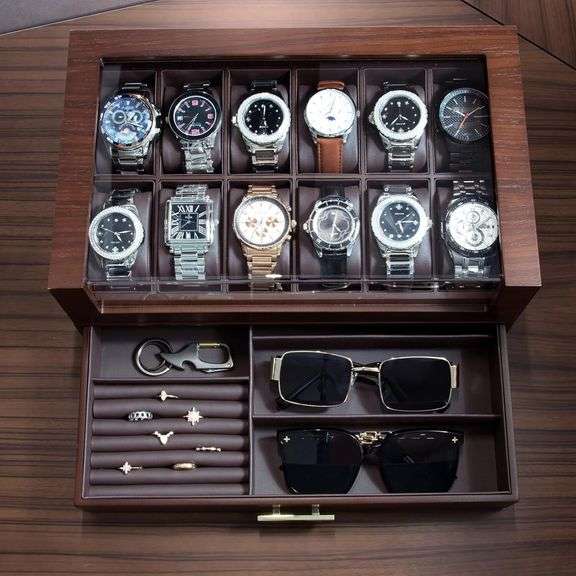 12-Slot Wooden Watch Display Case with Drawer