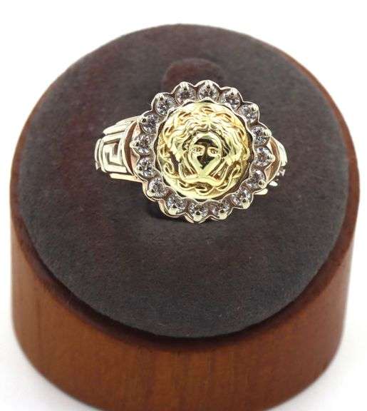 14kt Yellow gold Halo CZ Greek key ring