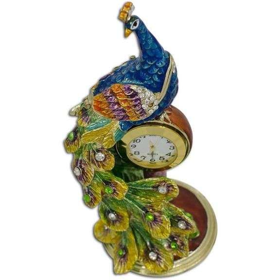 Peacock on Clock Trinket Box Gold-Plated with Crystals
