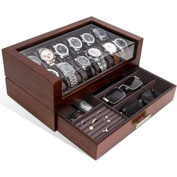12-Slot Wooden Watch Display Case with Drawer