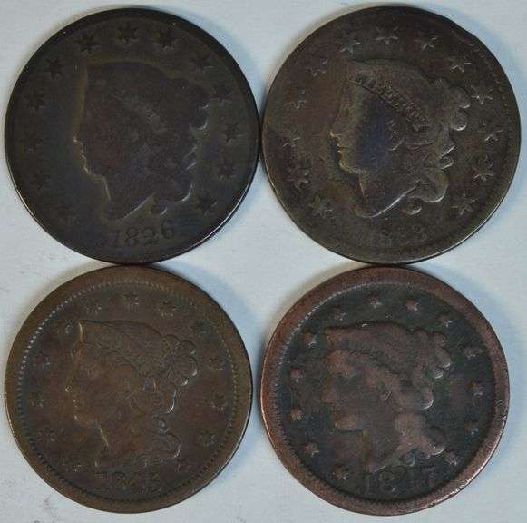 4 Diff. US Large Cents 1826 to 1847 in VG
