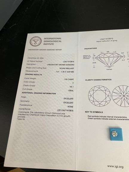 LAB GROWN ROUND BRILLIANT CUT LOOSE DIAMOND. 1.53 CARAT