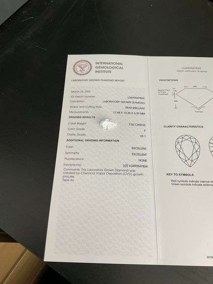 I.G.I CERTIFIED LOOSE DIAMOND 7.02 CARAT LAB GROWN PEAR SHAPE F-VS1