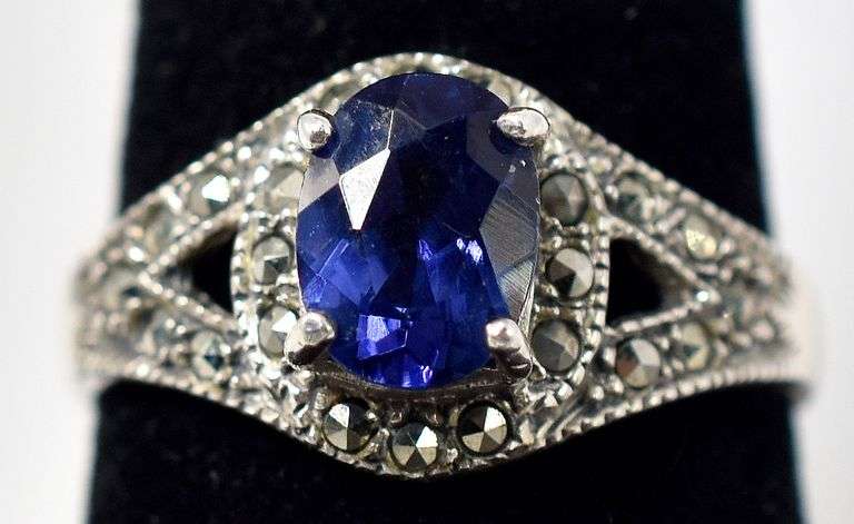 Blue Sapphire and Marcasite Gemstone Ring in Sterling Silver