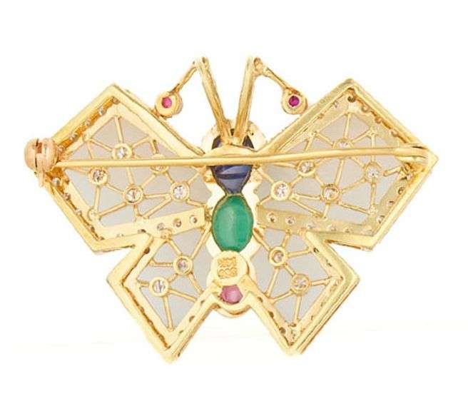 Ruby Sapphire Emerald Cabochon and 0.35ctw Diamond Butterfly Brooch Pendant in 14K