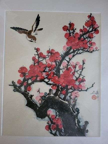 One Extremely Collectable Oriental Original Painting , large 16x20 Yin Ping Zheng Red lotus