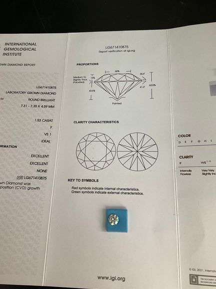 LAB GROWN ROUND BRILLIANT CUT LOOSE DIAMOND. 1.53 CARAT