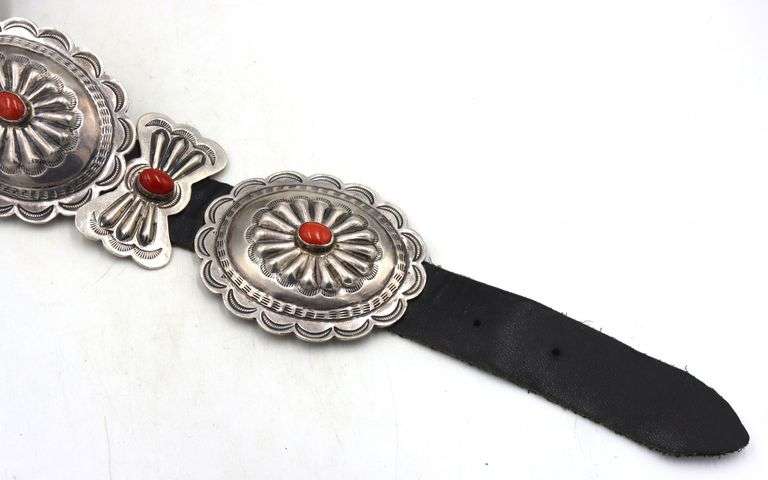 Vintage Native American Navajo morgan coral sterling silver concho belt