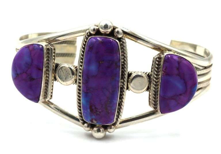 Vintage 925 sterling silver signed purple turquoise cuff bangle