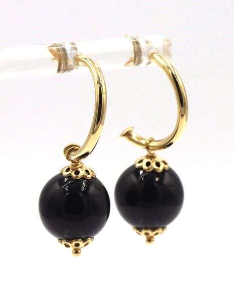 Italian 14kt Yellow gold black onyx ball drop earrings