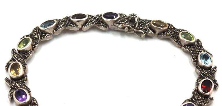 Vintage 925 sterling silver signed multi color stone link bracelet