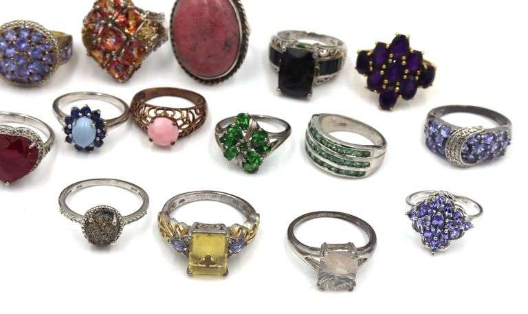 Group of 15 vintage 925 sterling silver gemstone rings
