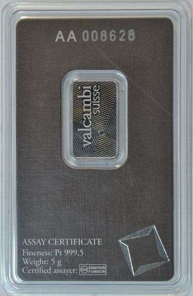 Valcambi Suisse 5 gram pure .999 Platinum Bar. Serial #
