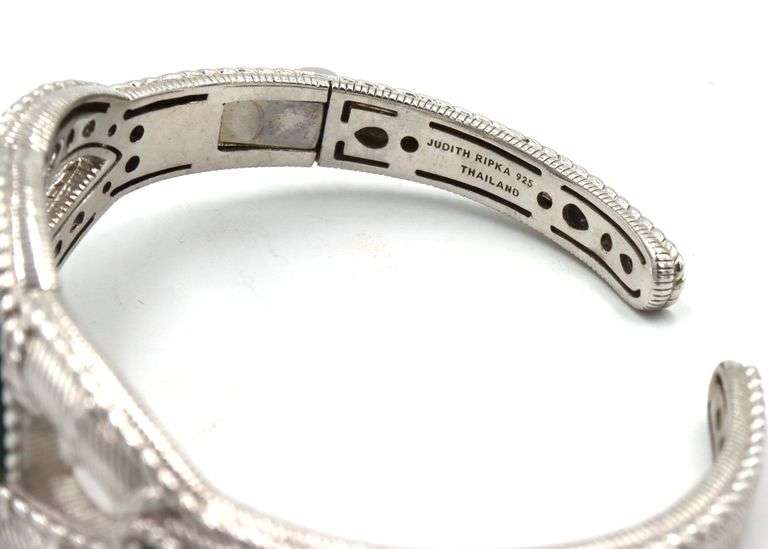 Judith Ripka sterling silver Green chalcedony emerald hinged cuff bracelet