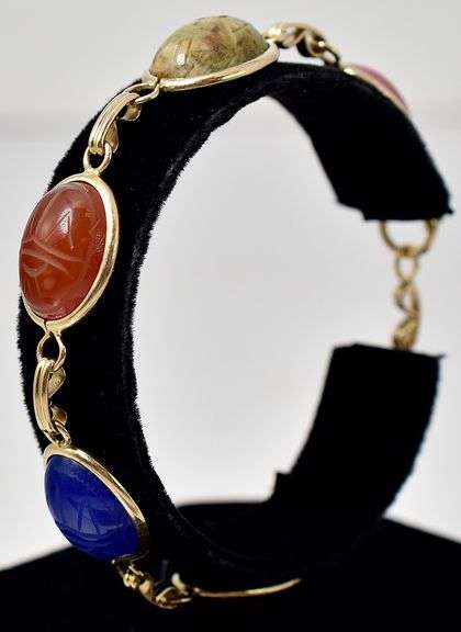 Wonderful 14K Yellow Gold Multi-Gemstone Scarab Beetle Bracelet