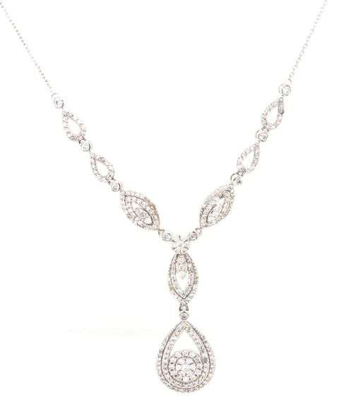 14kt White gold 1.95ctw double halo tear drop cluster diamond necklace