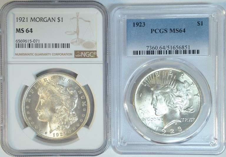 2 Near Gem BU MS64 1921 Morgan (NGC) and 1923 Peace (PCGS)