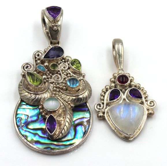 Lot of 2 925 sterling silver Sajen amethyst, abalone and blue topaz pendants