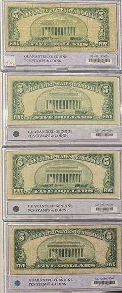 4 Different $ 5 Red Seal US Notes