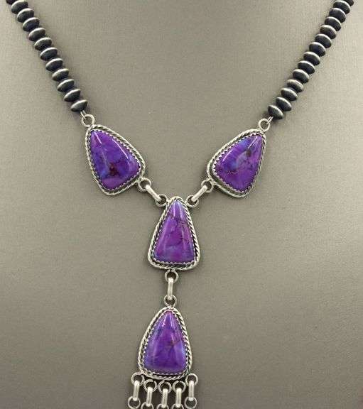 925 Sterling silver signed purple stone dangle necklace